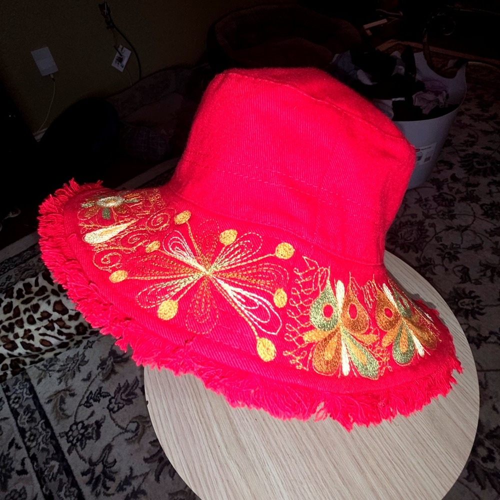 Red Denim Embroidered Floral Bucket Hat Frayed Fringe Boho Wide Brim Sun Hat